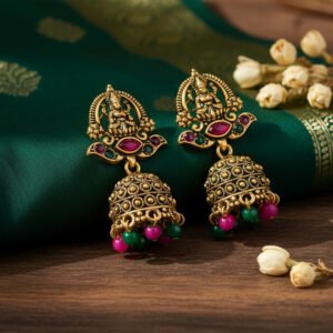 Antique Gold Goddess Lakshmi Temple Jhumka | Ethnic Ruby & Emerald Studded Traditional Jhumkis