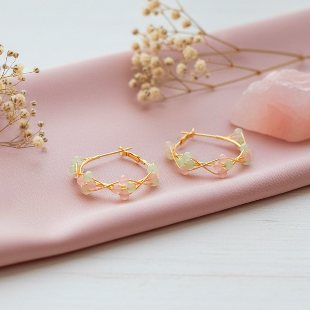 Pastel Love - Delicate Daily Wear Hoop Earrings | Hand-Wired Rose Quartz & Mint Beaded Hoops