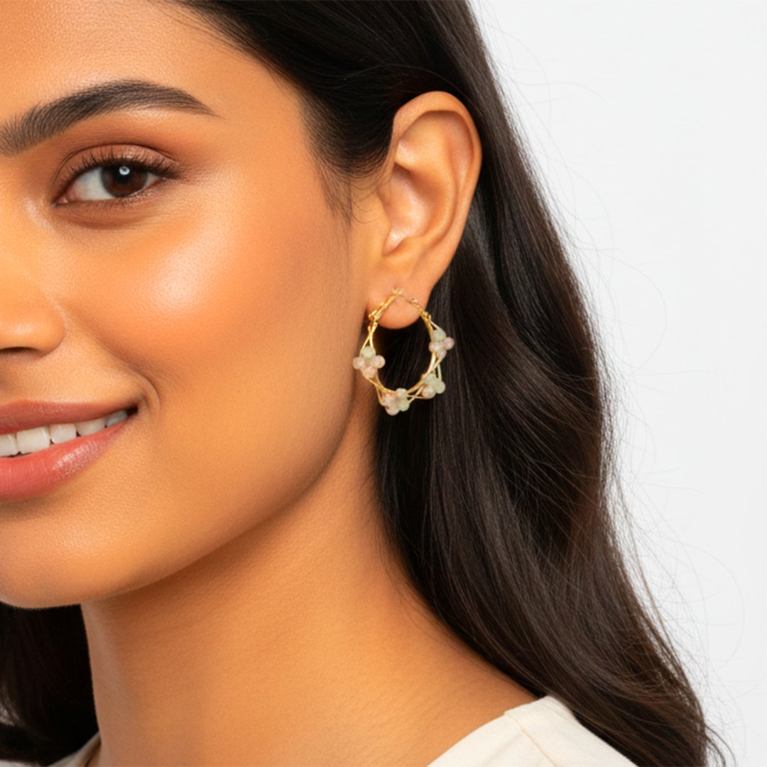 Pastel Love - Delicate Daily Wear Hoop Earrings | Hand-Wired Rose Quartz & Mint Beaded Hoops - Image 2