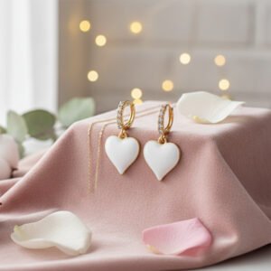 Classic White Enamel Heart & CZ Gold Huggie Hoops | Pure Love - Minimalist White Heart Dangles