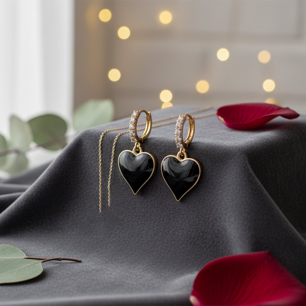 Black Enamel Heart Drop Gold-Tone Hoops | Glamorous Midnight Charm - Black & Gold Huggie Earrings