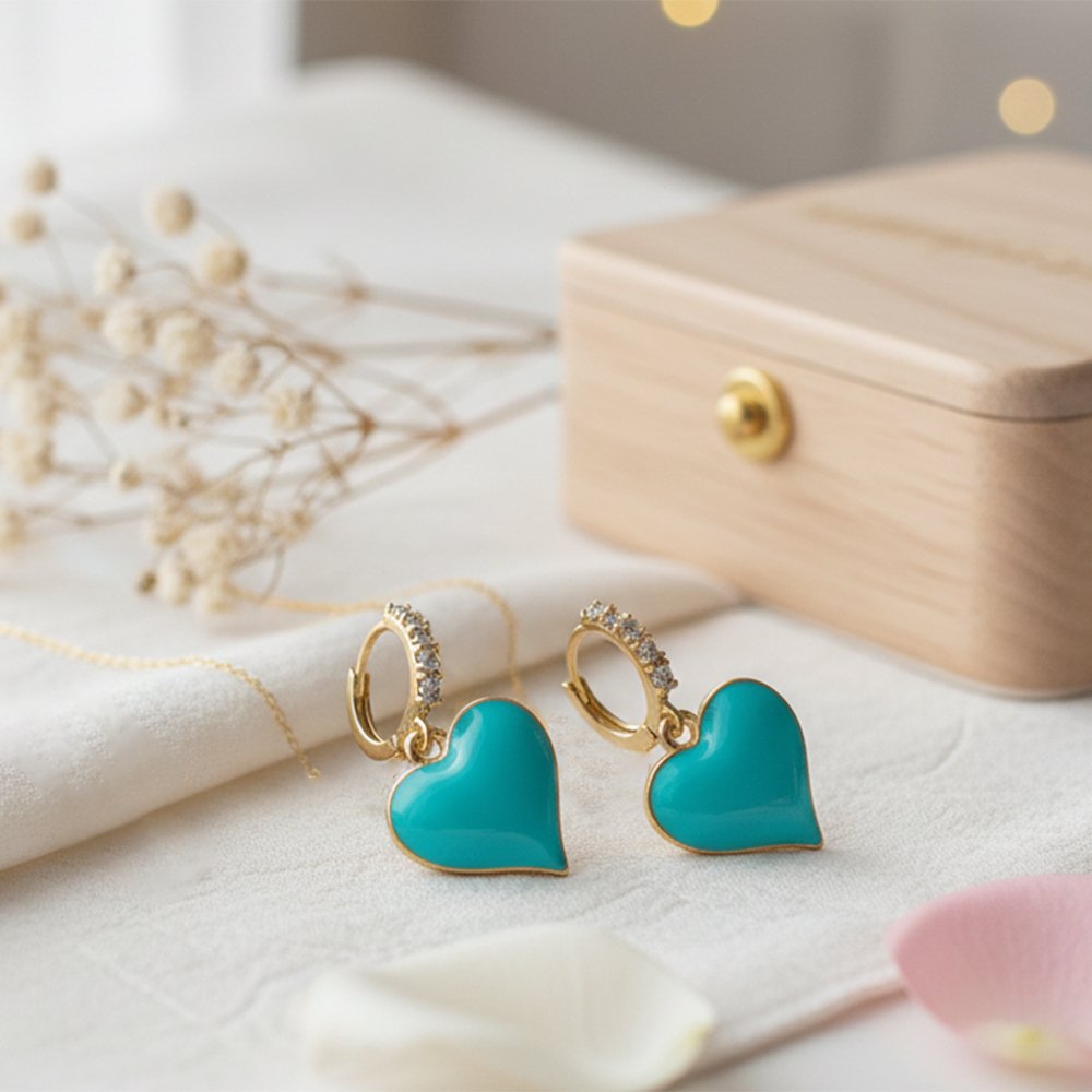 Turquoise Enamel Heart & CZ Gold Huggie Hoops | Tropical Charm - Vibrant Teal Heart Dangles