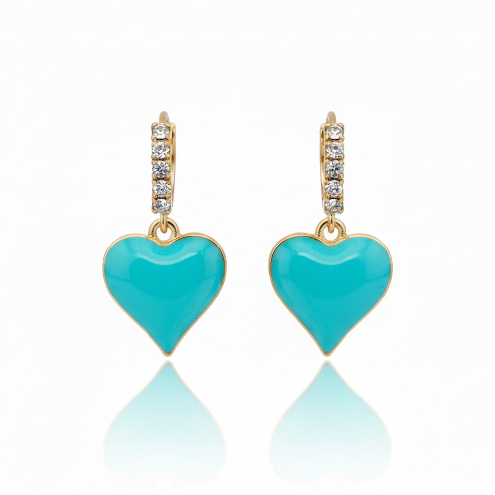 Turquoise Enamel Heart & CZ Gold Huggie Hoops | Tropical Charm - Vibrant Teal Heart Dangles - Image 2