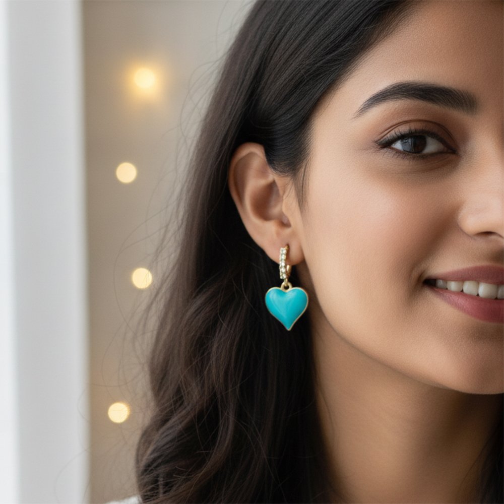 Turquoise Enamel Heart & CZ Gold Huggie Hoops | Tropical Charm - Vibrant Teal Heart Dangles - Image 3