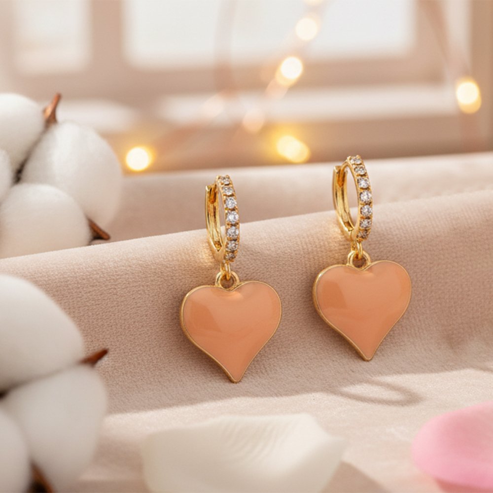 Nude Peach Enamel Heart & CZ Gold Huggie Hoops | Nude Love - Subtle Heart Dangles