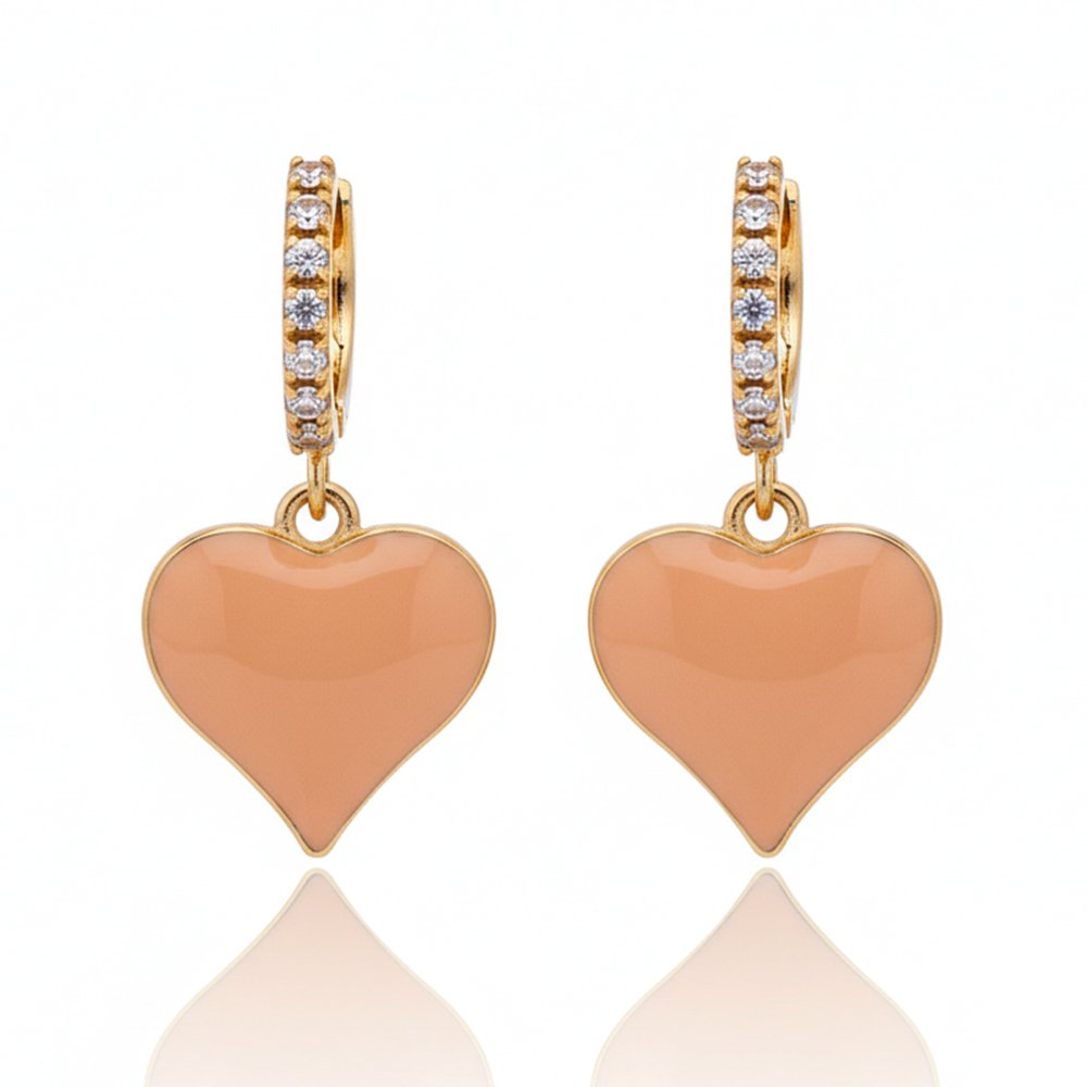 Nude Peach Enamel Heart & CZ Gold Huggie Hoops | Nude Love - Subtle Heart Dangles - Image 2