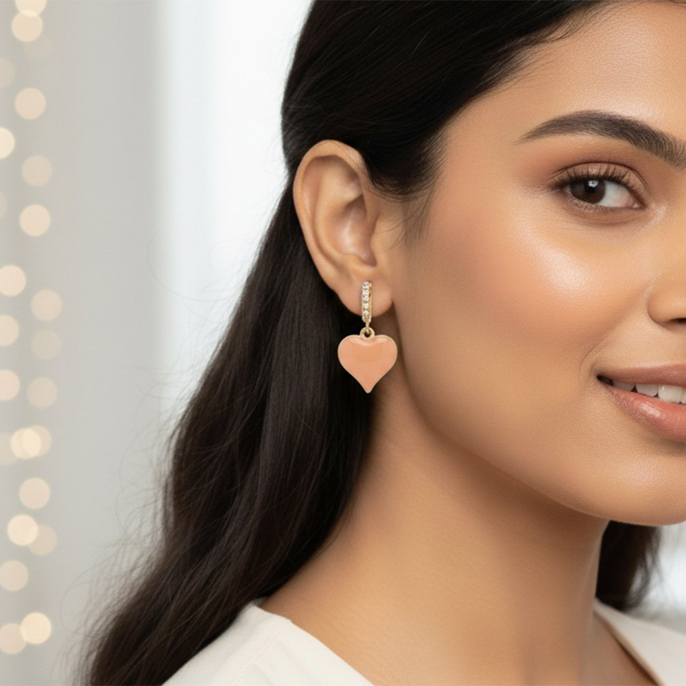 Nude Peach Enamel Heart & CZ Gold Huggie Hoops | Nude Love - Subtle Heart Dangles - Image 3