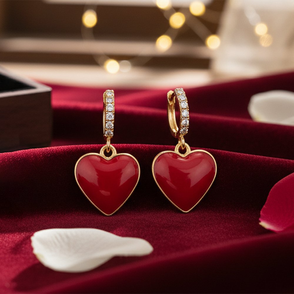 Fire Red Enamel Heart & CZ Gold Huggie Hoops | Love Struck - Bold Red Heart Dangles