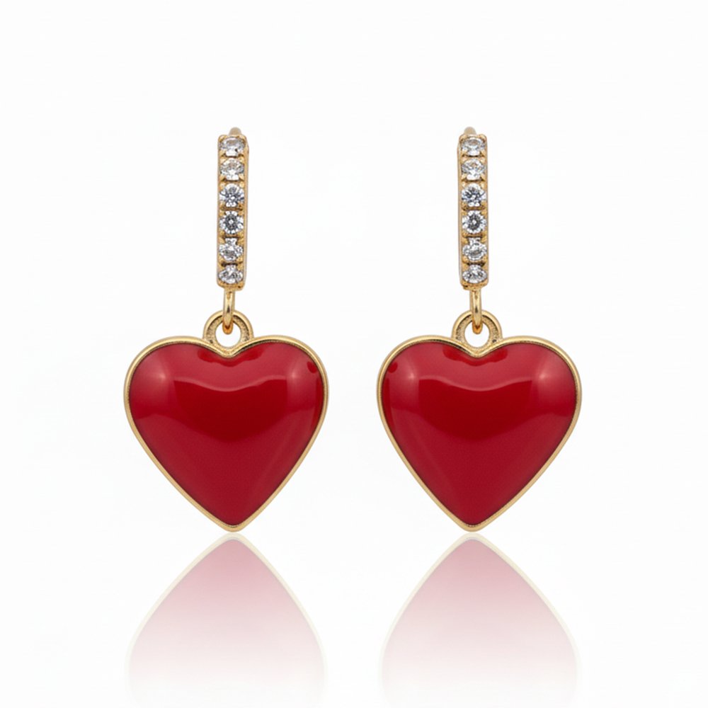 Fire Red Enamel Heart & CZ Gold Huggie Hoops | Love Struck - Bold Red Heart Dangles - Image 2