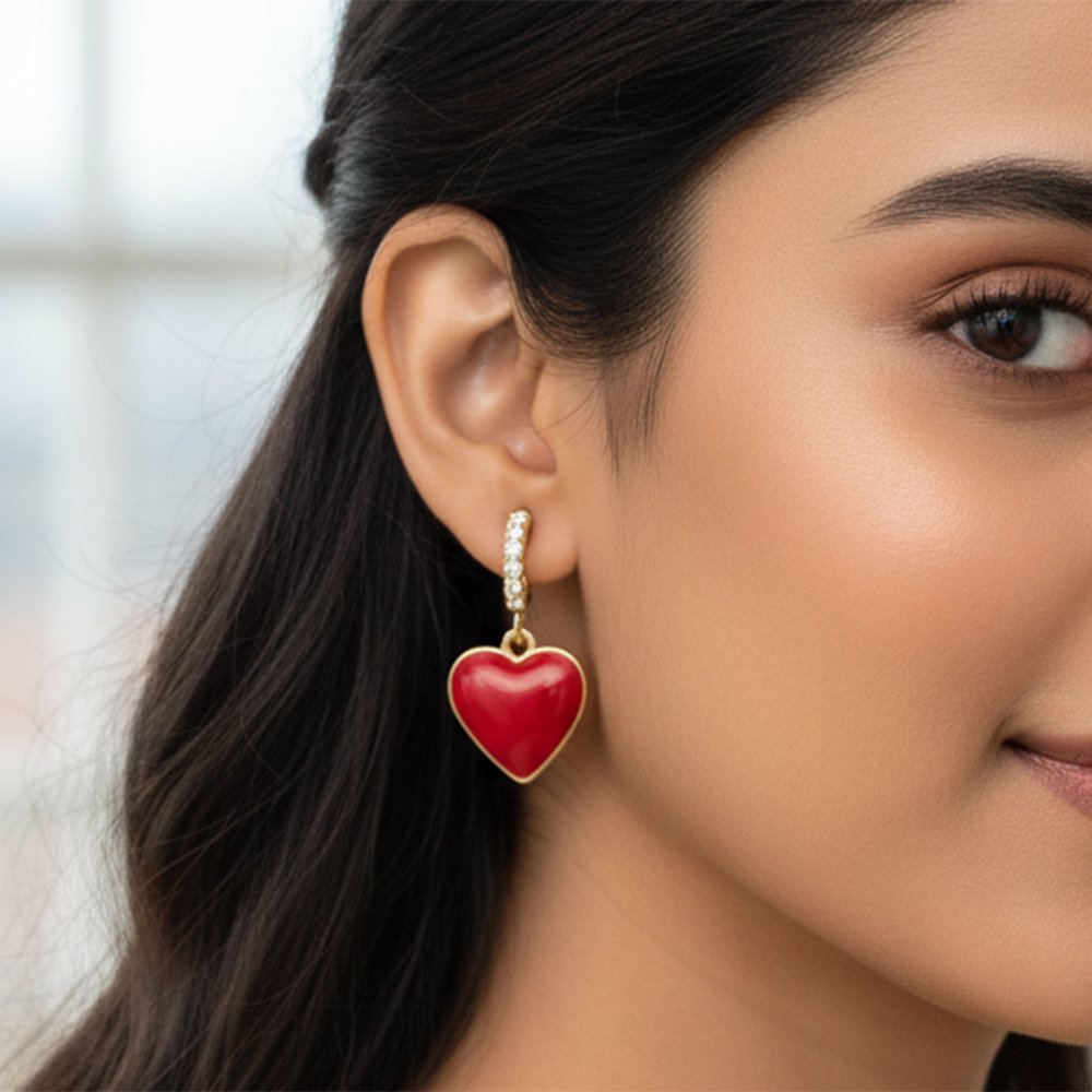 Fire Red Enamel Heart & CZ Gold Huggie Hoops | Love Struck - Bold Red Heart Dangles - Image 3