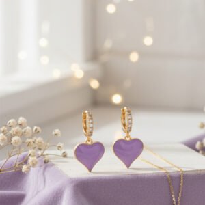 Lavender Purple Enamel Heart & CZ Gold Huggie Hoops | Lavender Dream - Soft Purple Heart Dangles