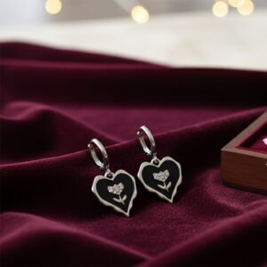 Wavy Black Enamel Heart & CZ Flower Drop Earrings | Edgy Bloom - Contemporary Silver & Black Dangles