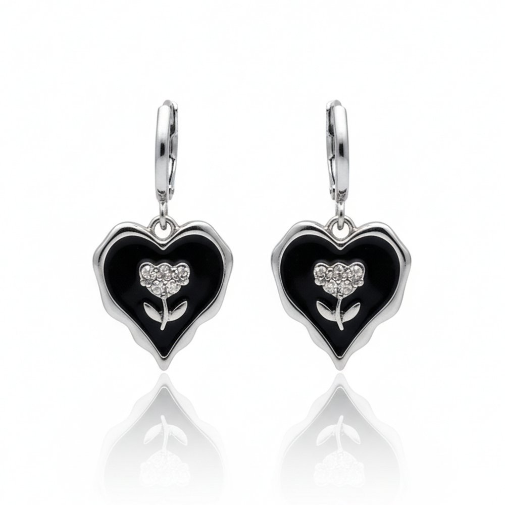 Wavy Black Enamel Heart & CZ Flower Drop Earrings | Edgy Bloom - Contemporary Silver & Black Dangles - Image 2