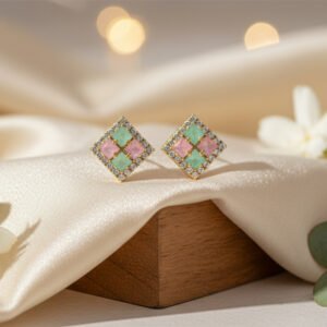 Pastel Mint & Pink Checkered AD Halo Stud Earrings | Delicate Quad-Stone Studs - Everyday Minimalist Bling