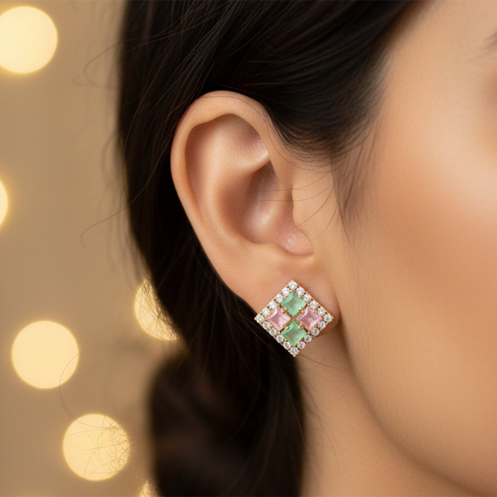 Pastel Mint & Pink Checkered AD Halo Stud Earrings | Delicate Quad-Stone Studs - Everyday Minimalist Bling - Image 3