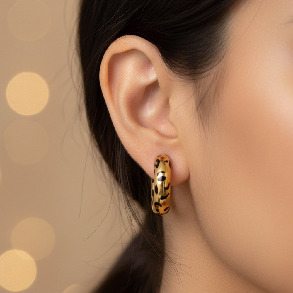 ProductBlack Enamel Leopard Print Gold Huggie Hoop Earrings| Wild Instinct - Chic Animal Print Statement Hoops - Image 3