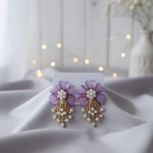 Large Lavender Petal Floral & Pearl Statement Earrings | Grand Bloom - Luxurious Purple Flower & Pearl Drops