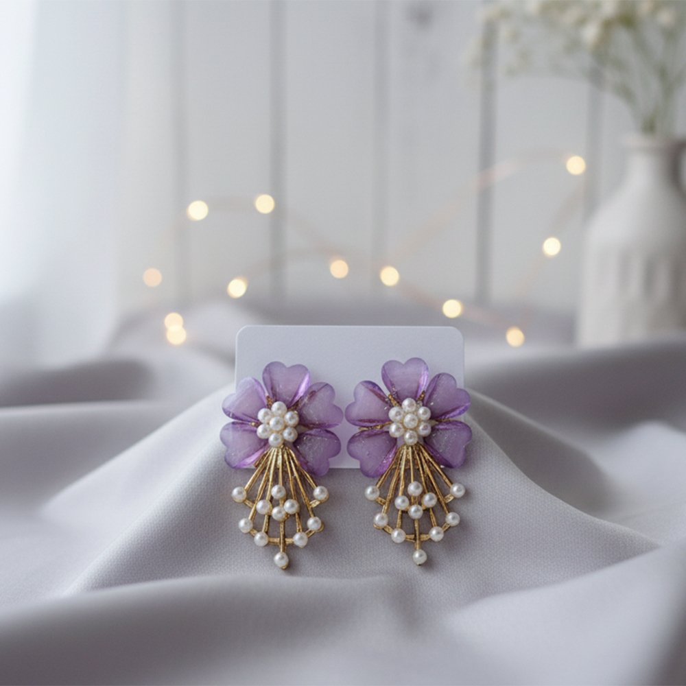 Large Lavender Petal Floral & Pearl Statement Earrings | Grand Bloom - Luxurious Purple Flower & Pearl Drops