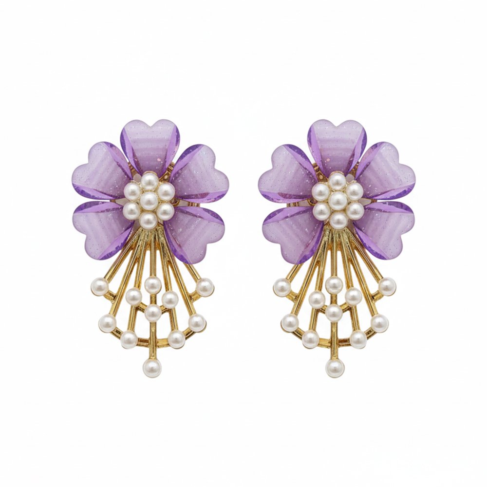 Large Lavender Petal Floral & Pearl Statement Earrings | Grand Bloom - Luxurious Purple Flower & Pearl Drops - Image 2