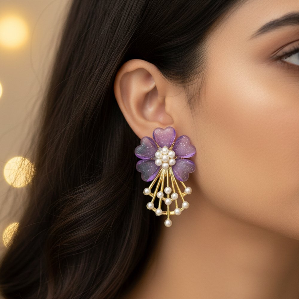 Large Lavender Petal Floral & Pearl Statement Earrings | Grand Bloom - Luxurious Purple Flower & Pearl Drops - Image 3