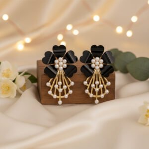 Black Acrylic Floral & Pearl Gold-Tone Statement Earrings | Noir Bloom - Dramatic Black and White Pearl Drops