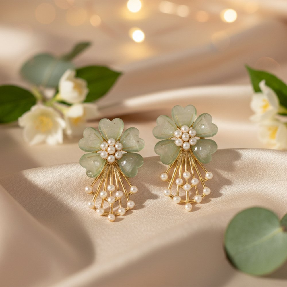 Mint Green Acrylic Floral & Pearl Gold-Tone Statement Earrings | Serene Bloom - Elegant Green Flower and Pearl Drops