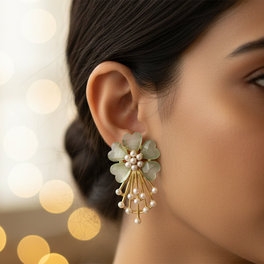 Mint Green Acrylic Floral & Pearl Gold-Tone Statement Earrings | Serene Bloom - Elegant Green Flower and Pearl Drops - Image 3