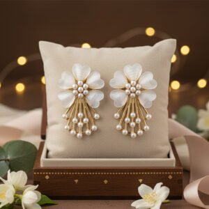 White Acrylic Floral & Pearl Gold-Tone Statement Earrings | Celestial Bloom - Luxurious White Flower and Pearl Drops