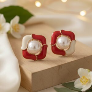 Red & Cream Enamel Abstract Flower Pearl Studs | Festive Rouge - Bold Red Enamel & Pearl Studs