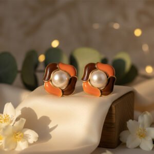 Brown & Orange Enamel Abstract Flower Pearl Studs | Earthy Tone Chic - Modern Enamel & Pearl Studs