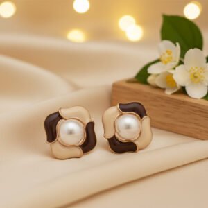 Black & White Enamel Abstract Flower Pearl Studs | Monochrome Elegance - Classic Contrast Enamel Studs