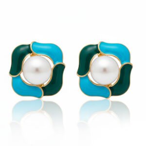 Teal & Emerald Green Enamel Abstract Flower Pearl Studs | Tropical Wave - Bold Color Enamel & Pearl Studs