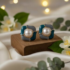 Teal & Grey Enamel Abstract Flower Pearl Studs | Urban Chic - Modern Teal & Grey Enamel Studs