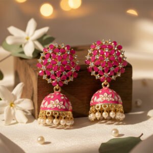 Fuchsia Pink Stone & Enamel Hand-Painted Jhumka Earrings | Vibrant Meenakari Style - Pink Bloom Ethnic Drops