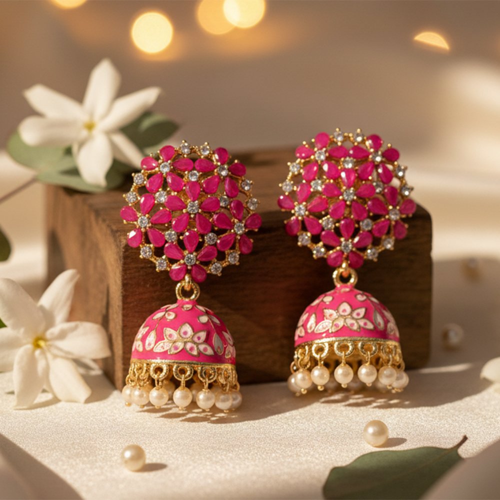 Fuchsia Pink Stone & Enamel Hand-Painted Jhumka Earrings | Vibrant Meenakari Style - Pink Bloom Ethnic Drops