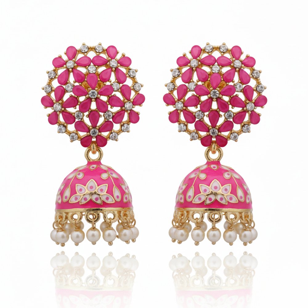Fuchsia Pink Stone & Enamel Hand-Painted Jhumka Earrings | Vibrant Meenakari Style - Pink Bloom Ethnic Drops - Image 2