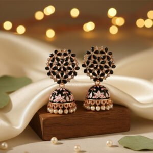 Black Stone & Enamel Hand-Painted Jhumka Earrings in Rose Gold | Glamorous Noir - Modern Black Bloom Ethnic Drops