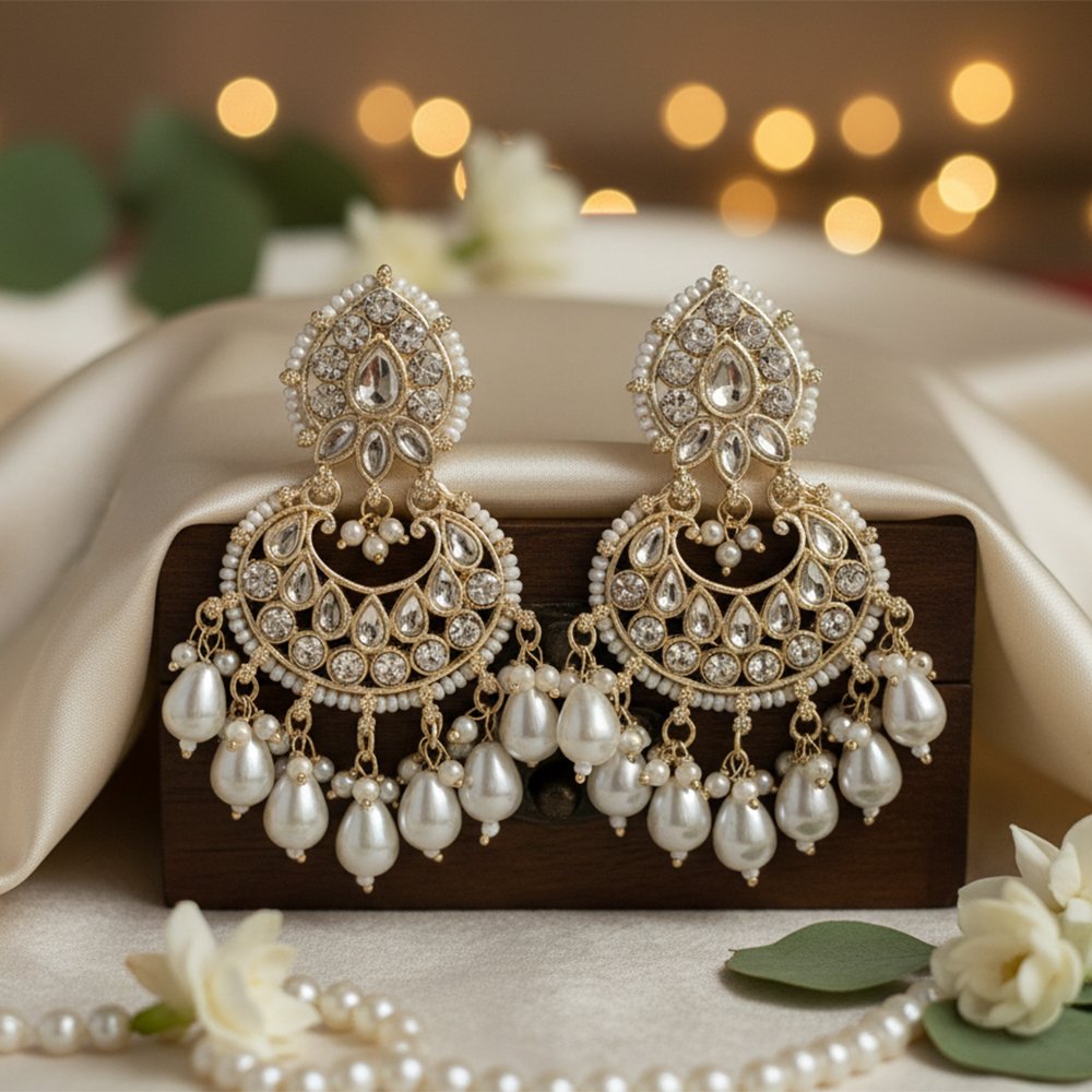 Classic Silver-Tone CZ & Baroque Pearl Chandbali Drop Earrings | Mughal Style Elegance - Imperial Pearl and Diamond Look Chandbalis