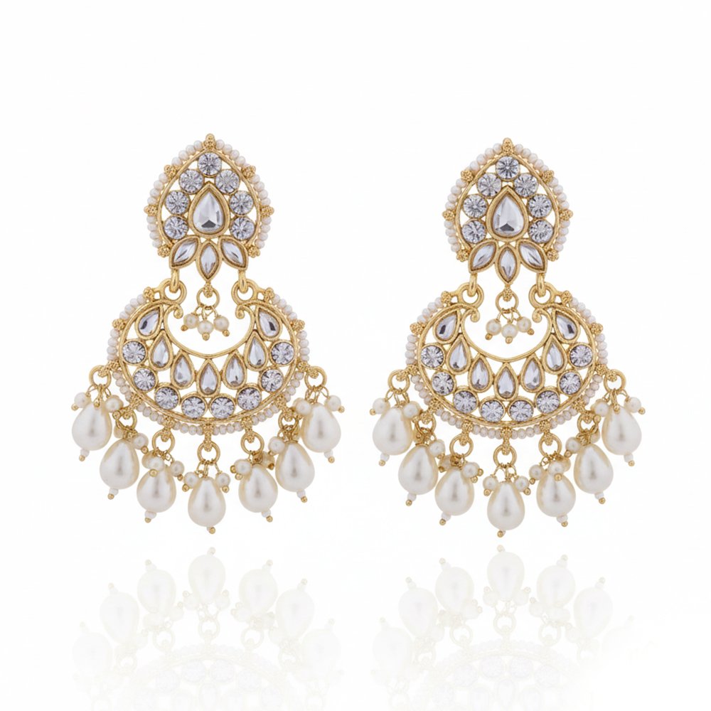 Classic Silver-Tone CZ & Baroque Pearl Chandbali Drop Earrings | Mughal Style Elegance - Imperial Pearl and Diamond Look Chandbalis - Image 2