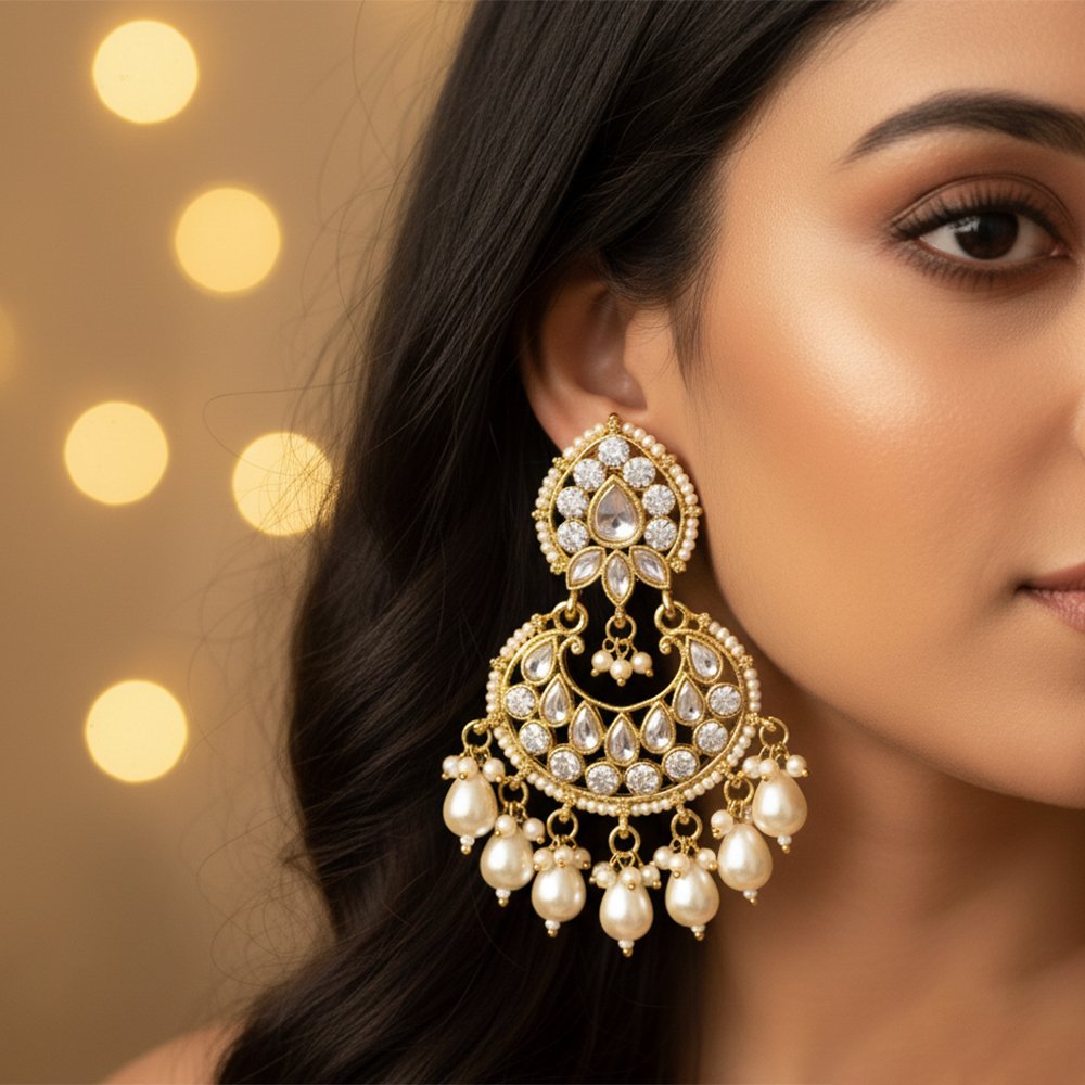 Classic Silver-Tone CZ & Baroque Pearl Chandbali Drop Earrings | Mughal Style Elegance - Imperial Pearl and Diamond Look Chandbalis - Image 3