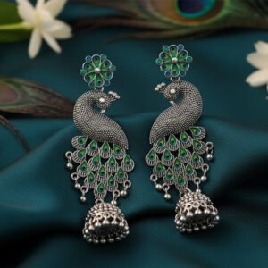 Oxidized Peacock Design Jhumka Earrings with Meenakari Enamel | Dancing Mayur - Boho Tribal Silver-Tone Ethnic Drops