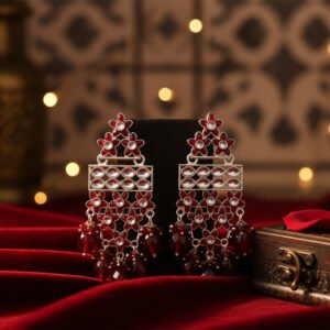 Red Enamel Flower & Kundan Style Statement Earrings | Regal Scarlet - Festive Red Beaded Jhumki Style Dangles