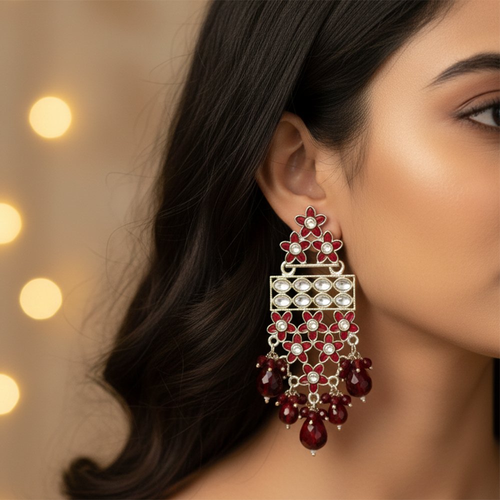 Red Enamel Flower & Kundan Style Statement Earrings | Regal Scarlet - Festive Red Beaded Jhumki Style Dangles - Image 3