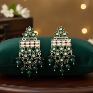 Emerald Green Enamel Flower & Kundan Style Statement Earrings | Regal Bloom - Festive Green Beaded Jhumki Style Dangles