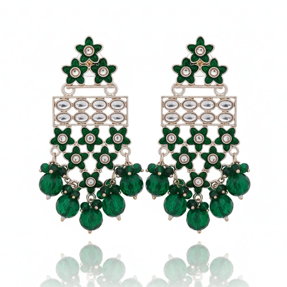 Emerald Green Enamel Flower & Kundan Style Statement Earrings | Regal Bloom - Festive Green Beaded Jhumki Style Dangles - Image 2
