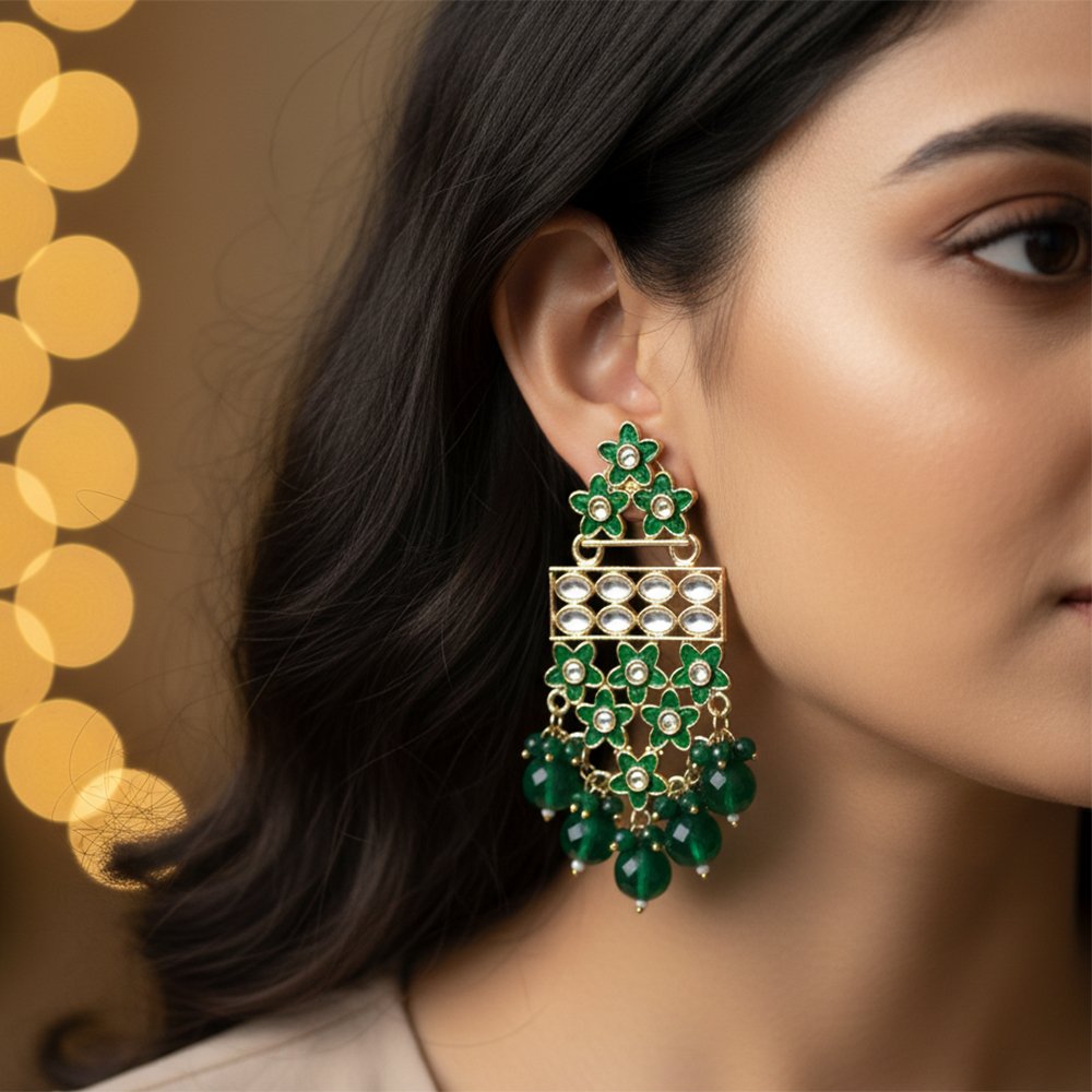 Emerald Green Enamel Flower & Kundan Style Statement Earrings | Regal Bloom - Festive Green Beaded Jhumki Style Dangles - Image 3