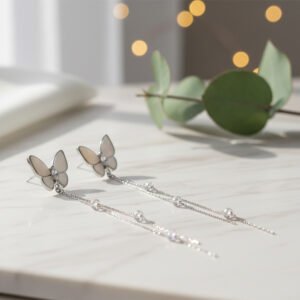 Mother-of-Pearl Butterfly & CZ Silver Tassel Drop Earrings | Ethereal Shimmer - Long Butterfly Chain Dangles