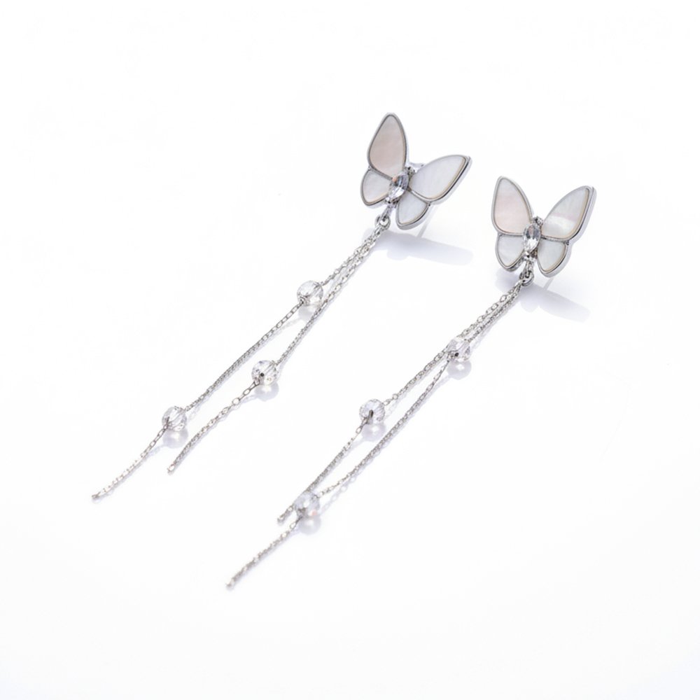 Mother-of-Pearl Butterfly & CZ Silver Tassel Drop Earrings | Ethereal Shimmer - Long Butterfly Chain Dangles - Image 2
