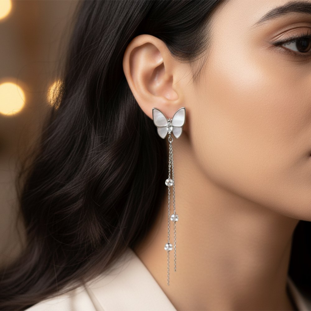 Mother-of-Pearl Butterfly & CZ Silver Tassel Drop Earrings | Ethereal Shimmer - Long Butterfly Chain Dangles - Image 3
